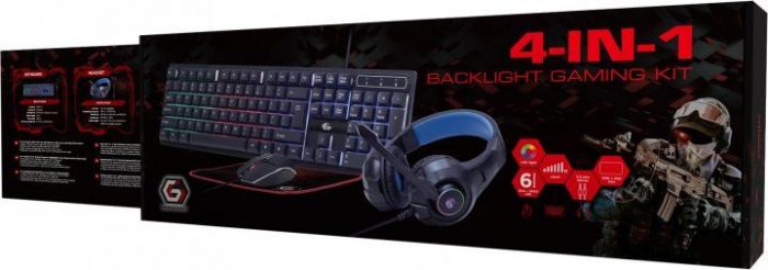 Клавіатура+мишка+навушники+килимок Gembird GGS-UMGL4-02-UA, 4-в-1 з RGB підсвічуванням, чорний колір