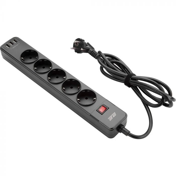 Мережевий фільтр 2E 5хSchuko, 2 м (2E-SP515M2USBBK)