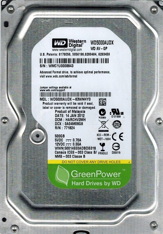 Накопичувач HDD SATA  500GB WD AV-GP 32MB (WD5000AUDX) Refurbished