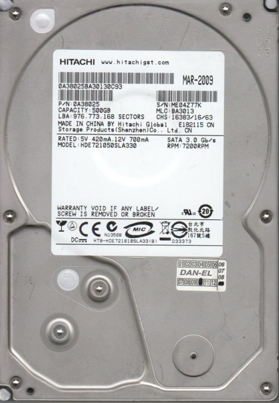 Накопичувач HDD SATA  500GB Hitachi Deskstar E7K1000 7200rpm 32MB (HDE721050SLA330) Refurbished