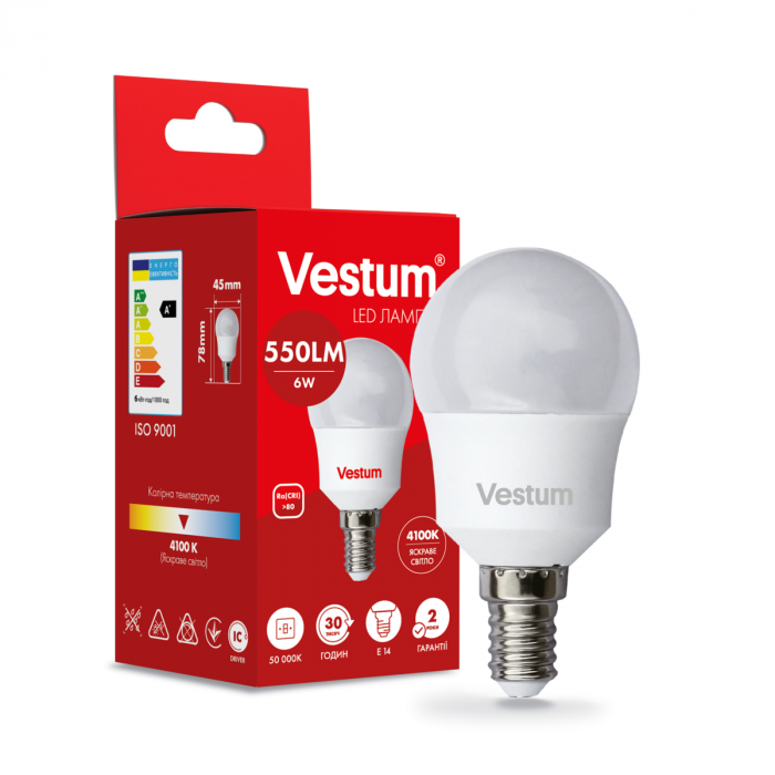 Світлодіодна лампа Vestum G45 6W 4100K 220V E14 1-VS-1203