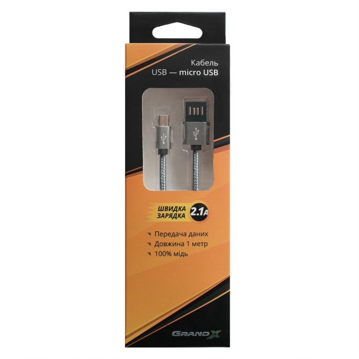 Кабель Grand-X USB-microUSB 1м, Grey/Black (FM02)