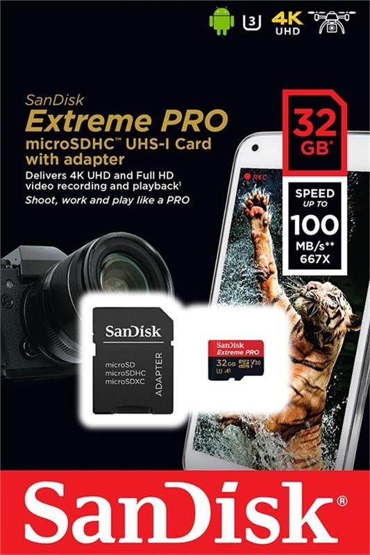 Карта пам`яті MicroSDHC 32GB UHS-I/U3 Class 10 SanDisk Extreme Pro A1 + SD-адаптер R100/W90MB/s (SDSQXCG-032G-GN6MA)