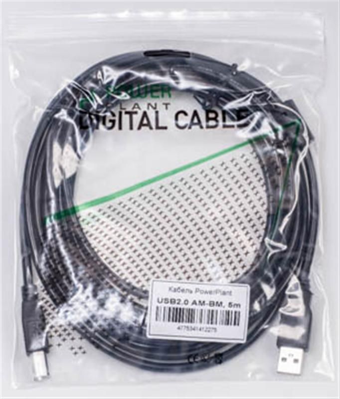 Кабель PowerPlant (KD00AS1227) USB2.0(AM)-USB2.0(BM), 5м, Black, one ferrite