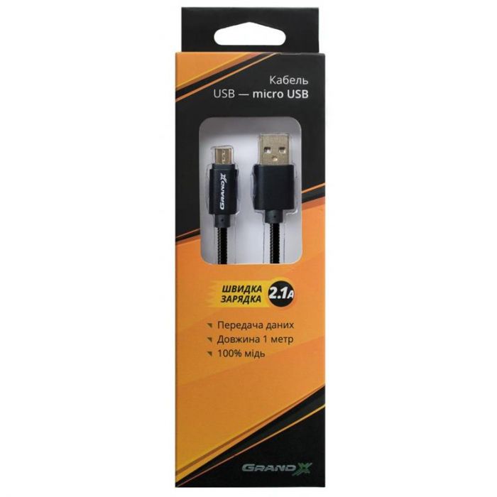 Кабель Grand-X USB-microUSB 2.1A, 1м, CU, захист - метал. оплетення, Black (MM-01B), пакування гіфтбокс  з вікном