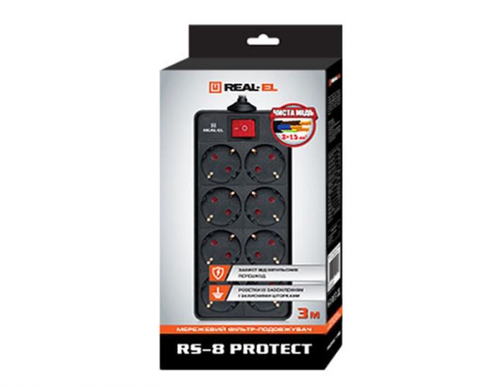 Фільтр живлення REAL-EL RS-8 PROTECT 3.0m Black