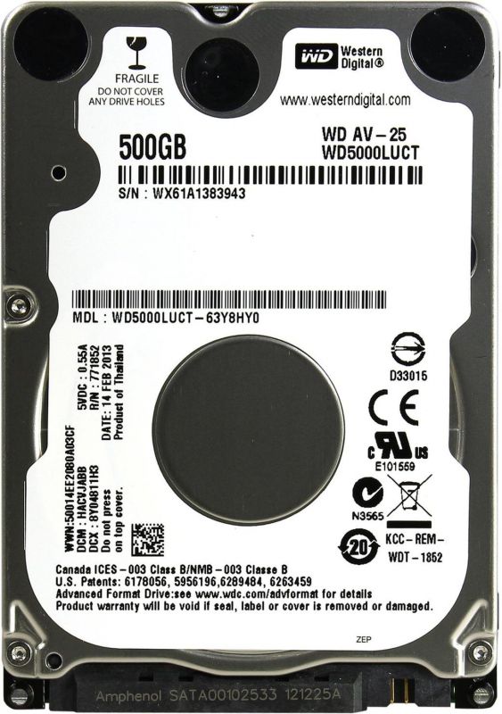 Накопичувач HDD 2.5" SATA  500GB WD AV-25 16MB 5400rpm (WD5000LUCT) гар. 12 мiс.