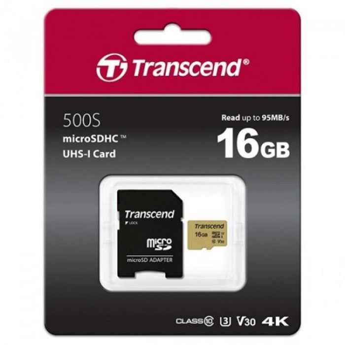 Карта пам`ятi MicroSDHC 16GB UHS-I/U3 Class 10 Transcend 500S + SD-adapter (TS16GUSD500S)