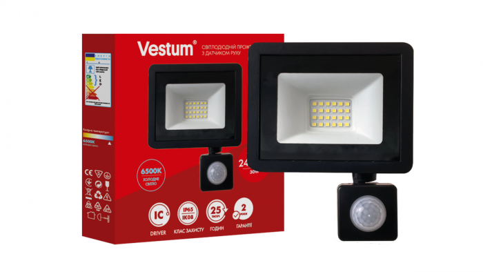Світлодіодний прожектор з датчиком руху Vestum 30W 2 400Лм 6500K 180-260V IP65 1-VS-3021