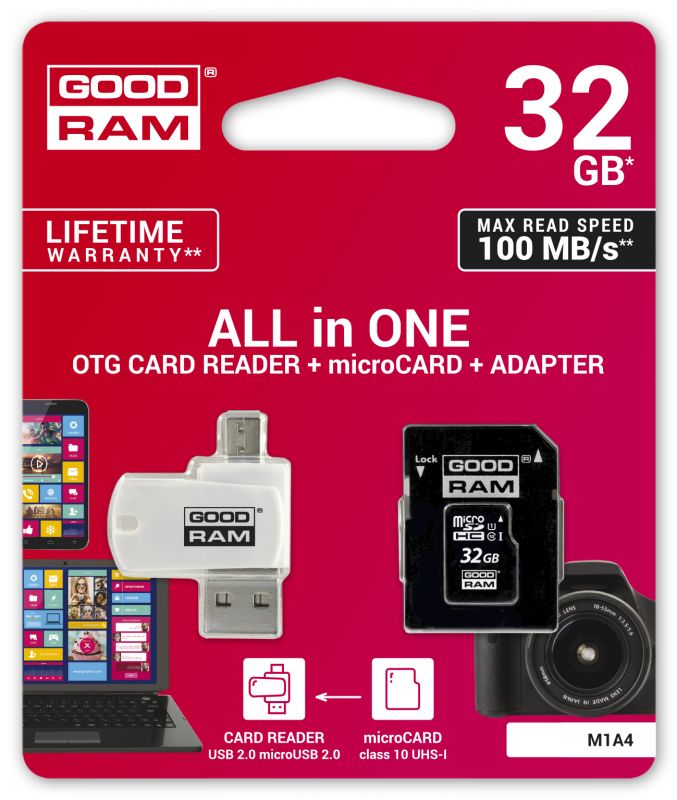 Карта пам`ятi MicroSDHC 32GB UHS-I Class 10 GOODRAM + SD-adapter + OTG Card reader (M1A4-0320R12)