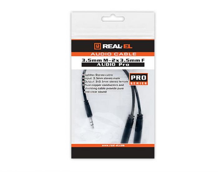 Аудіо-кабель REAL-EL Audio Pro (EL123500039) mini-jack 3.5мм(M)-2xmini-jack 3.5мм(F) 0,2м, чорний