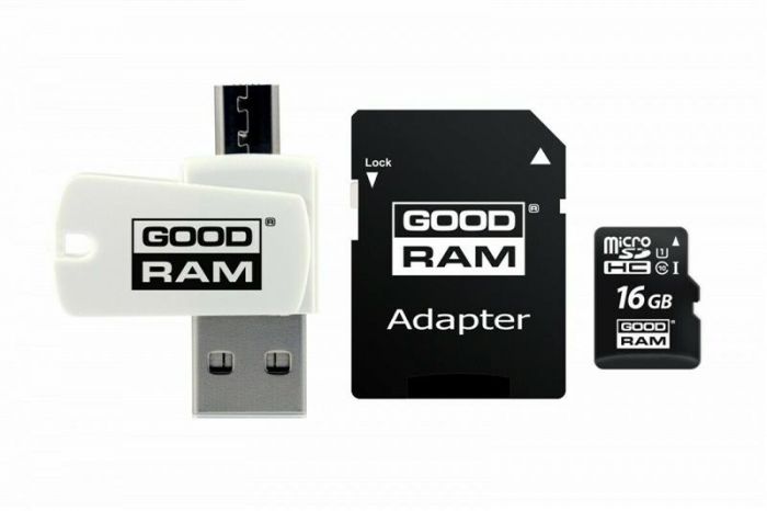 Карта пам`ятi MicroSDHC 16GB UHS-I Class 10 Goodram + SD-adapter + OTG Card reader (M1A4-0160R12)