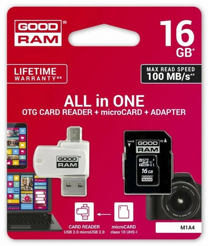 Карта пам`ятi MicroSDHC 16GB UHS-I Class 10 Goodram + SD-adapter + OTG Card reader (M1A4-0160R12)