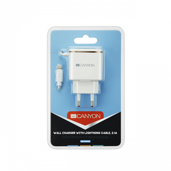 Мережевий зарядний пристрій Canyon (1USB, 2.1A) White/Silver (CNE-CHA043WS) + кабель Lightning