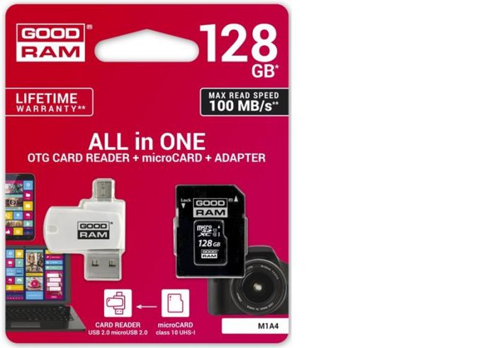 Карта пам`ятi MicroSDXC 128GB UHS-I Class 10 Goodram + SD-adapter + OTG Card reader (M1A4-1280R12)