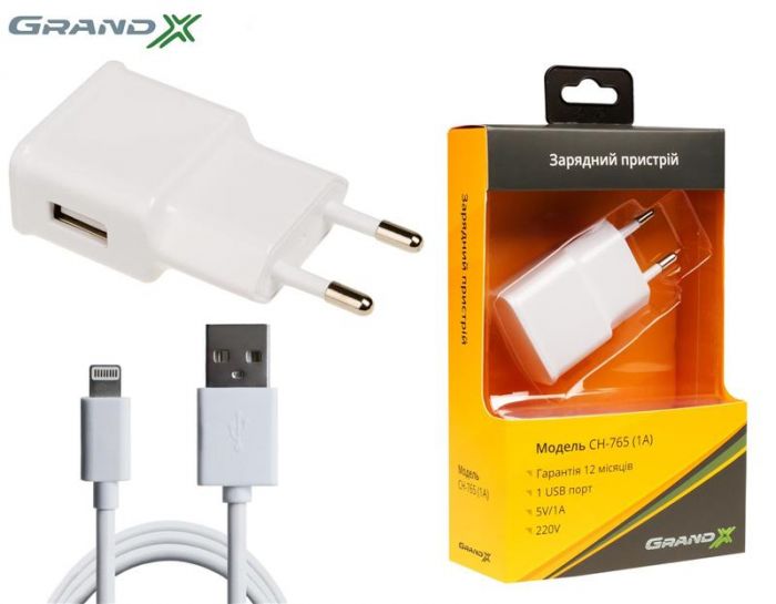 Мережевий зарядний пристрій Grand-X (1xUSB 1A) White (CH765LTW) + кабель Lightning