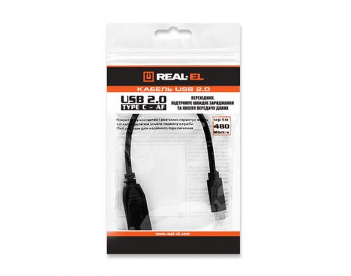 Кабель REAL-EL USB2.0 Type C-AF 0.1m, чорний
