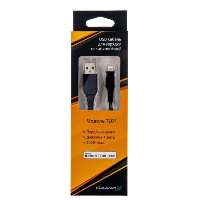 Кабель Grand-X USB-Lightning, MFI, 1м, CU Black (TL01) сертиф. Apple, пакування гіфтбокс  з вікном
