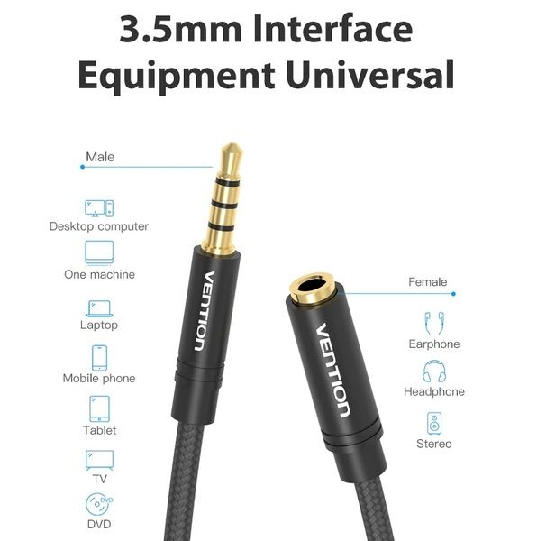 Кабель Vention 3.5 мм - 3.5 мм (M/F), 0.5 м, Black (VAB-B06-B050-M)