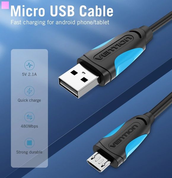 Кабель Vention USB-A 2.0 - microUSB B, 3 m, Black (VAS-A04-B300-N)