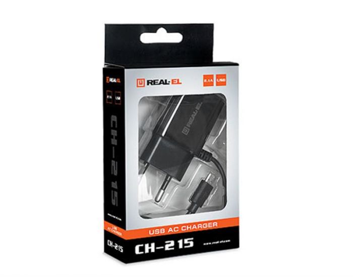 Мережевий зарядний пристрій REAL-EL CH-215 (2USB, 2.1A) Black + кабель microUSB