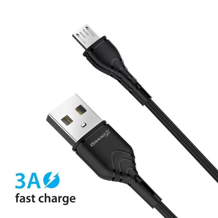 Кабель Grand-X USB-microUSB, Cu, 3A, 1м, Fast Сharge, Black (PM-03B)