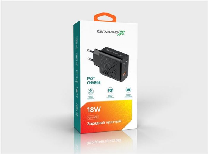 Мережевий зарядний пристрій Grand-X Quick Charge 3.0 (1хUSB, 18W) Black (CH-650)