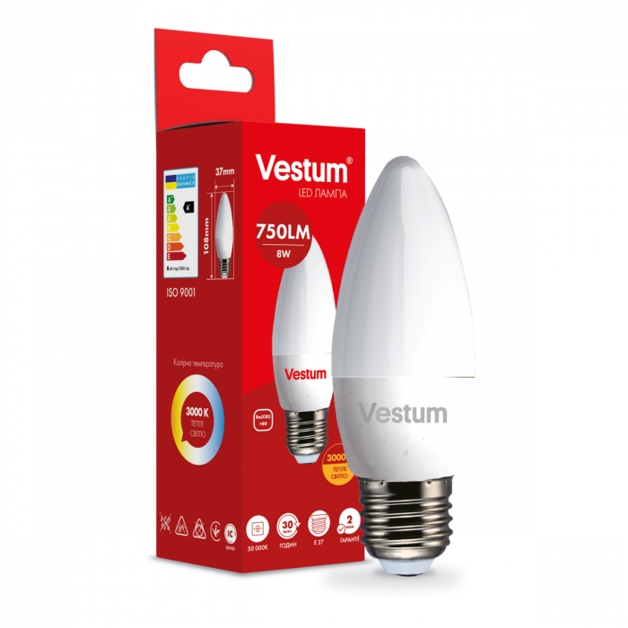 Світлодіодна лампа Vestum C37 8W 3000K 220V E27 1-VS-1310