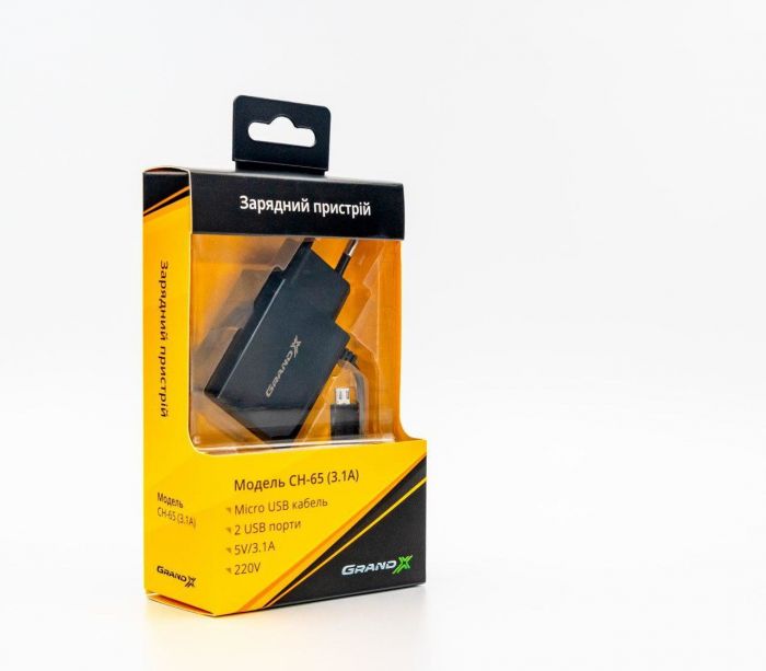 Мережевий зарядний пристрій Grand-X (2xUSB 3.1A+MicroUSB) Black (CH-65B)