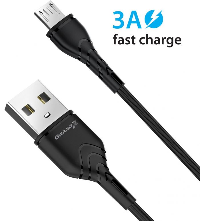 Кабель Grand-X USB-microUSB, Cu, 3A, 1м, Fast Сharge, Black (PM-03B)