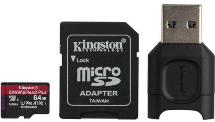 Карта пам`ятi MicroSDXC 64GB UHS-II/U3 Class 10 Kingston Canvas React Plus R285/W165MB/s + SD-адаптер + USB-кардридер (MLPMR2/64GB)