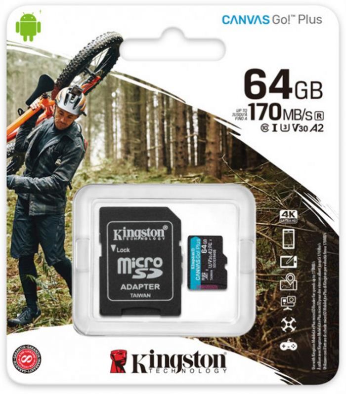 Карта пам`яті MicroSDXC 64GB UHS-I/U3 Class 10 Kingston Canvas Go! Plus R170/W70MB/s + SD-адаптер (SDCG3/64GB)