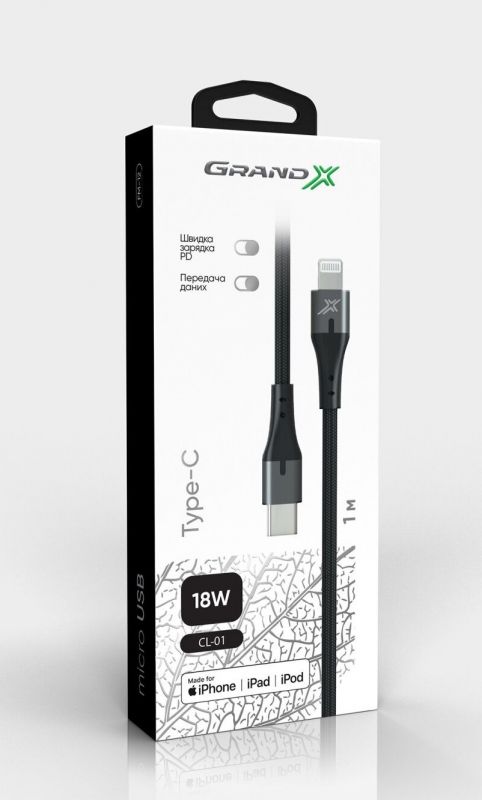 Кабель Grand-X USB Type-C - Lightning (M/M), MFI, Power Delivery 18W, 1 м, Gray (CL-01)