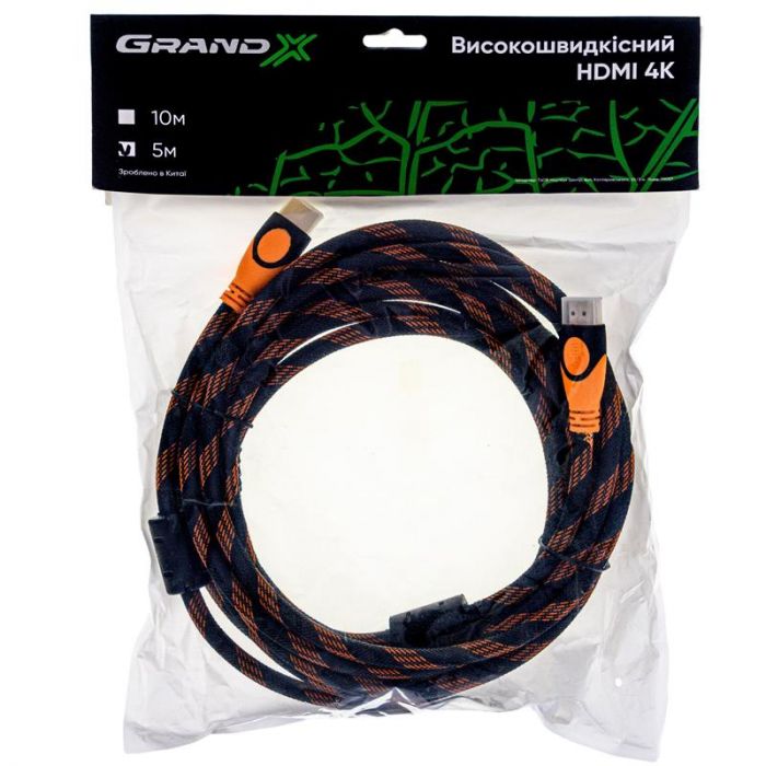 Кабель Grand-X (HDN05-4K) HDMI-HDMI, 4K, Cu, нейлон. оплетення, 5м