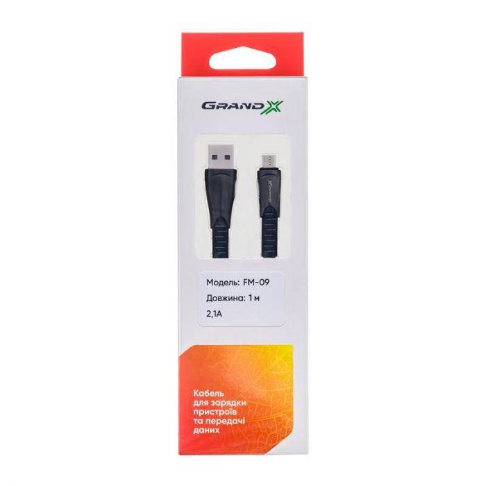 Кабель Grand-X USB-microUSB, 2А, 1м (FM09), плоский, упаковка гіфтбокс з вікном