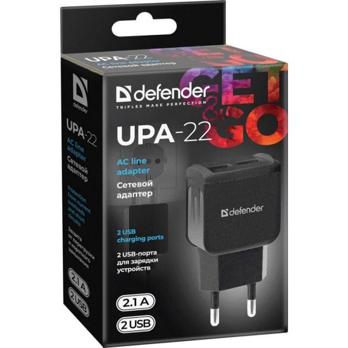 Мережевий зарядний пристрій Defender UPA-22 (2xUSB 2.1A) Black (83579)