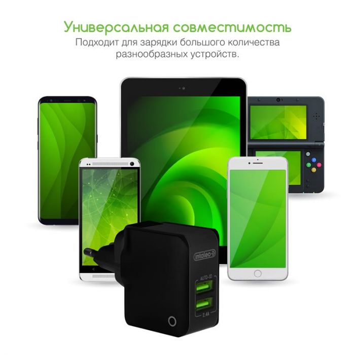 Мережевий зарядний пристрій Intaleo TCA242 (2USB, 2.4A) Black (1283126491733)