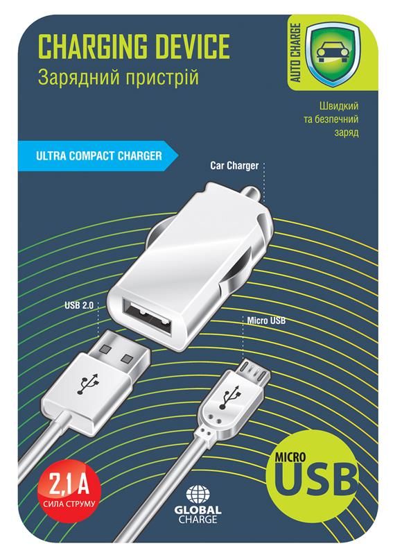 Автомобільний зарядний пристрій Global MSH-SC-031 (1USBx2.1A) Black (1283126445767) + кабель microUSB