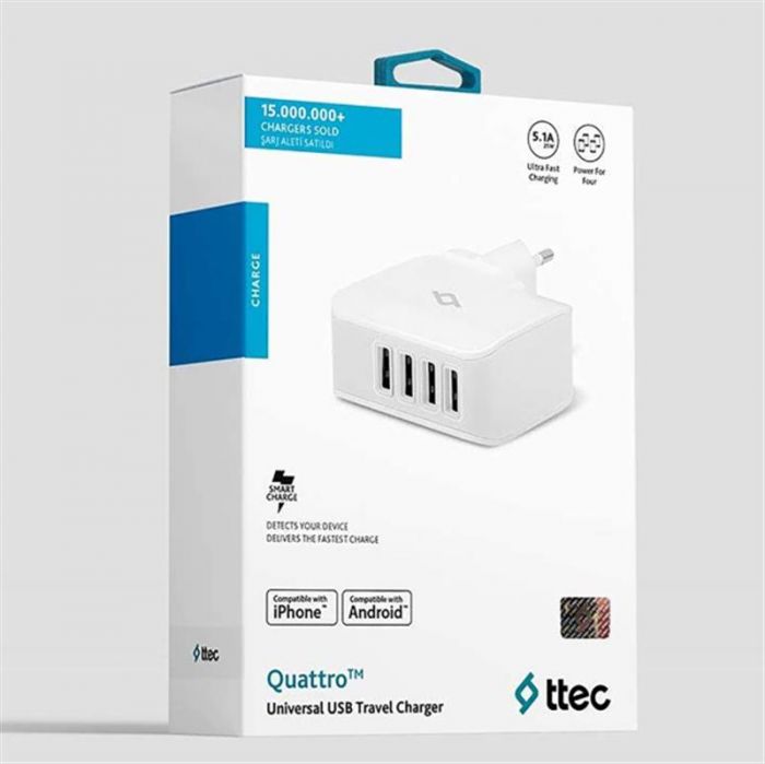 Мережевий зарядний пристрій Ttec Quattro 4хUSB 5.1A/25Вт White (2SC02B)