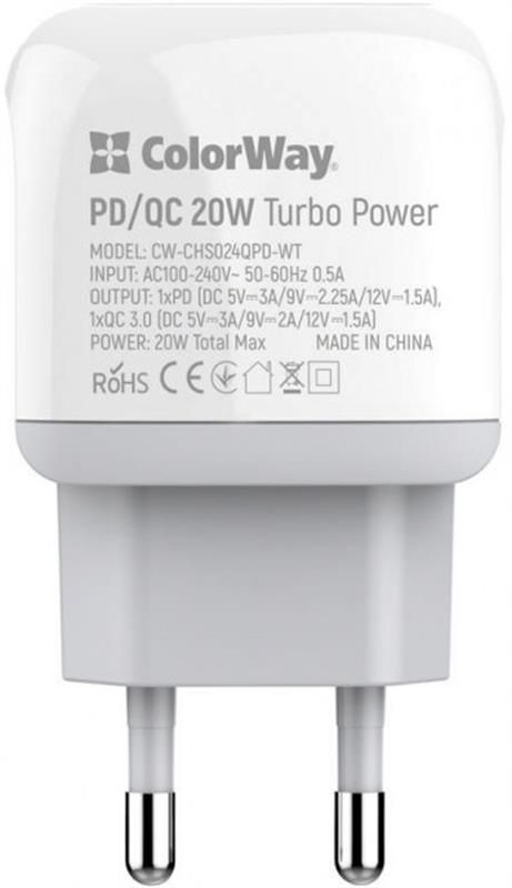 Мережевий зарядний пристрій ColorWay (Type-C PD + USB QC3.0) White (CW-CHS024QPD-WT)