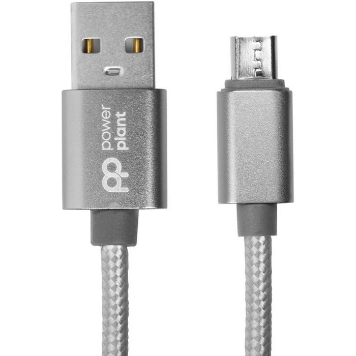Кабель PowerPlant (CA912339) USB-microUSB, 1м, нейлон, металевий штекер, сірий