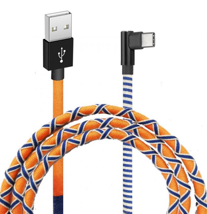 Кабель Grand-X USB-USB-C, 2.1A, 1м, Orange/Blue, кут. USB-C (FC-08OB)