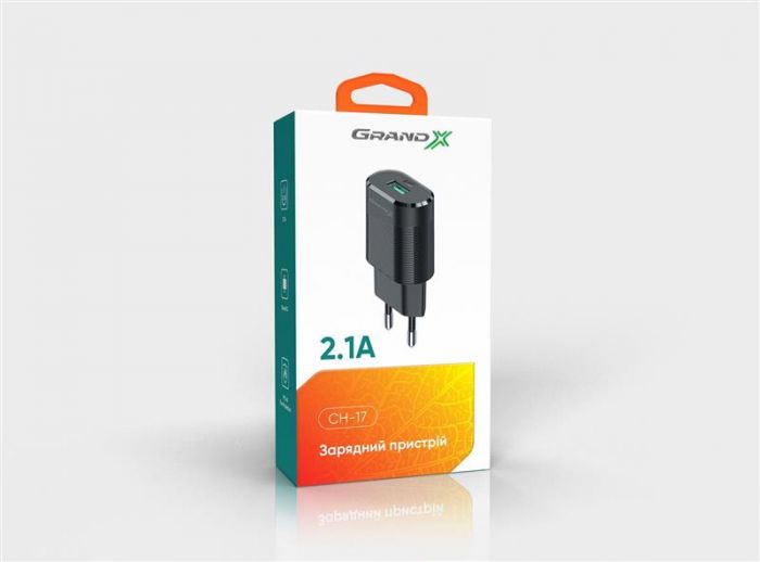 Мережевий зарядний пристрій Grand-X (1xUSB 2.1А) Black (CH-17U) + кабель micro-USB