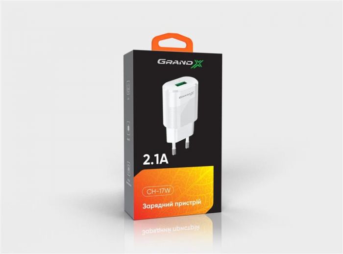 Мережевий зарядний пристрій Grand-X (1xUSB 2.1А) White (CH-17WL) + кабель Lightning