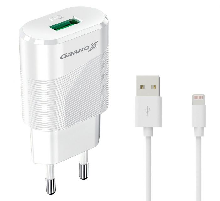 Мережевий зарядний пристрій Grand-X (1xUSB 2.1А) White (CH-17WL) + кабель Lightning