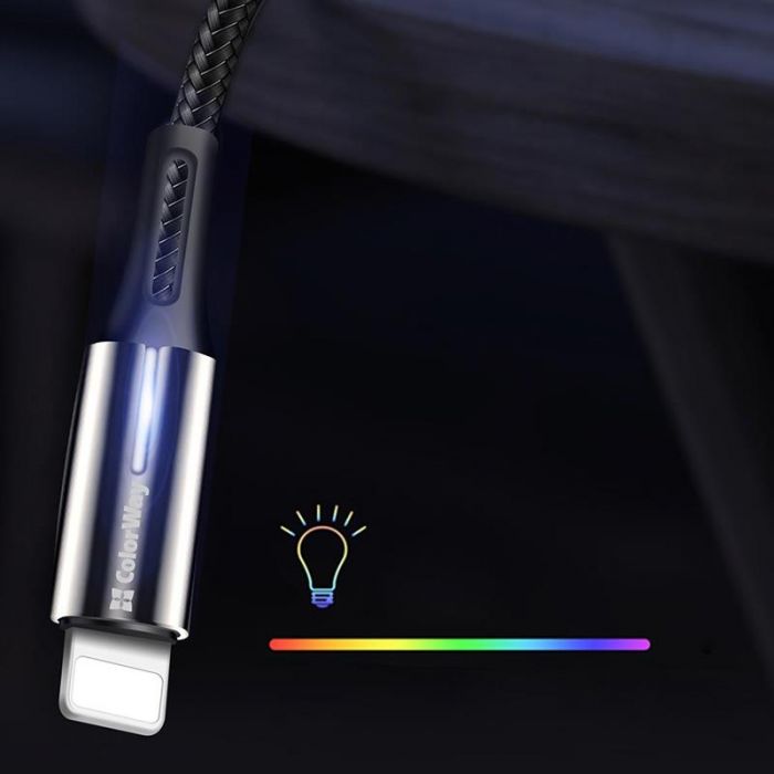 Кабель ColorWay USB-Lightning, 2.4А, 1м, Zinc Alloy + Led, Black (CW-CBUL035-BK)