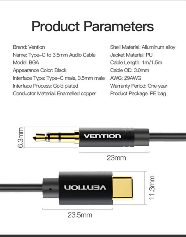 Перехідник Vention 3.5 мм - USB Type-C (M/M), 1 м, Black (BGABF)