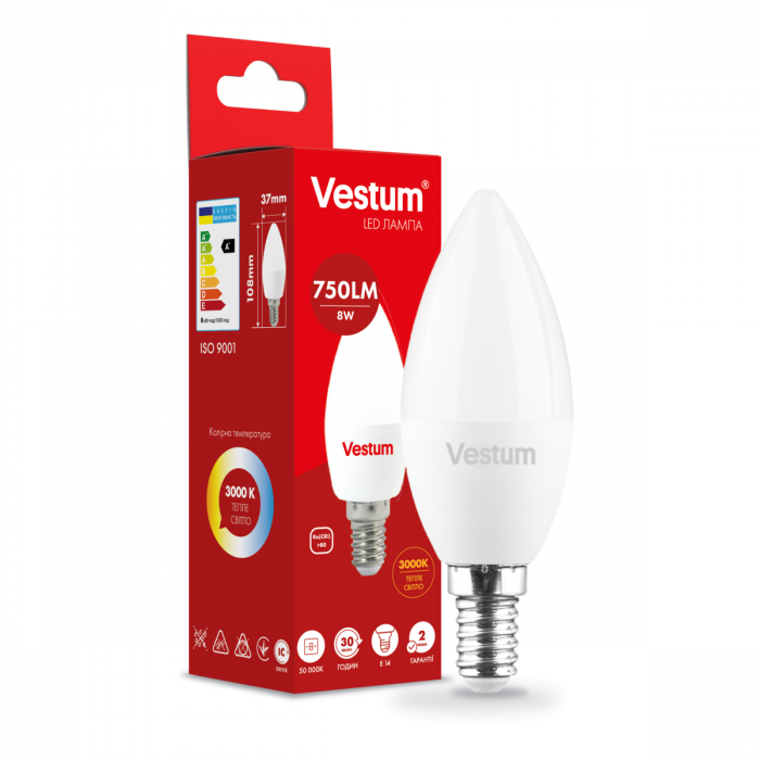 Світлодіодна лампа Vestum C37 8W 3000K 220V E14 1-VS-1312