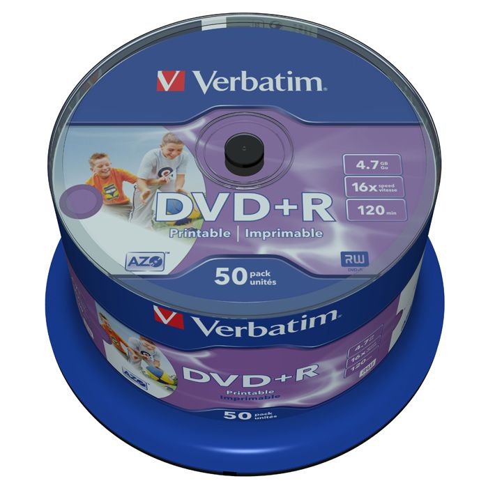 Диски DVD+R Verbatim 4.7Gb 16X CakeBox 50шт Wide inkjet photo Printable (43512)