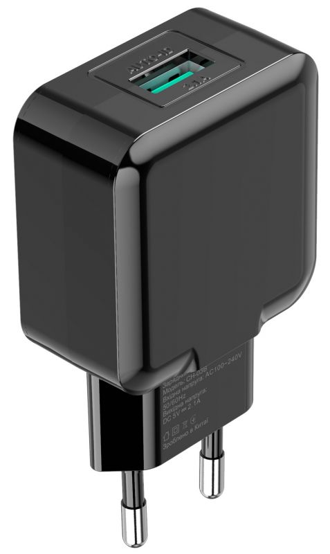 Мережевий зарядний пристрій Grand-X (1xUSB 5В/2.1А) Black (CH-03B)